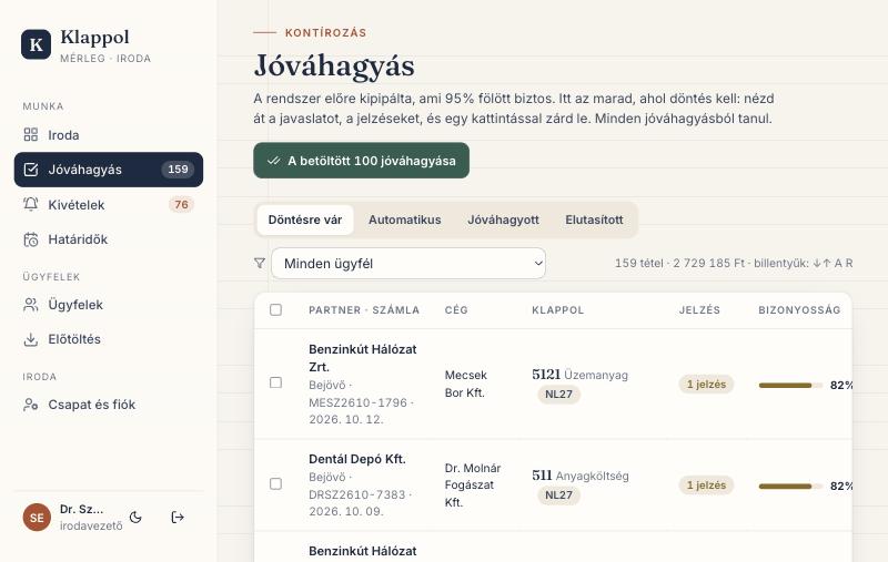 Jóváhagyás képernyő: partner, cég, javasolt számla, jelzés, bizonyosság oszlopok