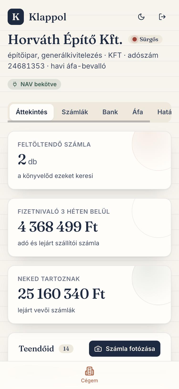 Az ügyfél telefonos nézete: feltöltendő számlák, fizetnivalók, teendők, számla fotózása